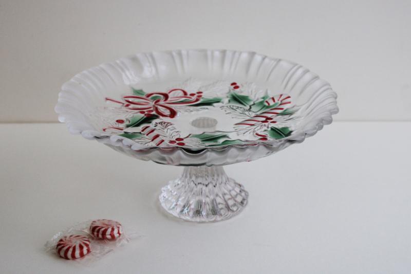 photo of Festive Wreath Mikasa Christmas candy canes glass dish, footed bonbon or tiny cake plate #1