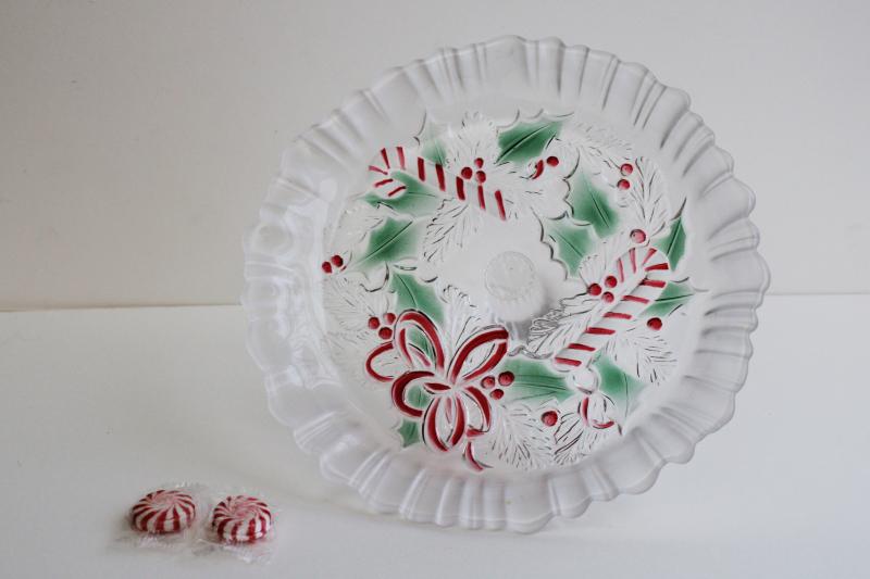 photo of Festive Wreath Mikasa Christmas candy canes glass dish, footed bonbon or tiny cake plate #4