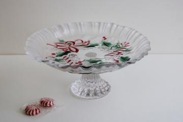 catalog photo of Festive Wreath Mikasa Christmas candy canes glass dish, footed bonbon or tiny cake plate