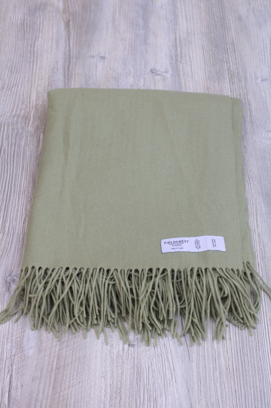 photo of Fieldcrest celery green wool cashmere fringed throw blanket, light soft wrap for travel #1