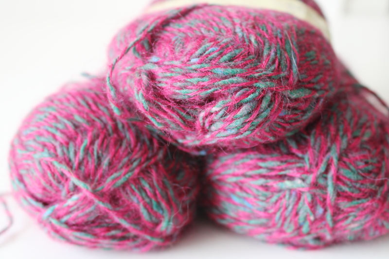 photo of Filatura di Crosa wool yarn Valentino tweedy magenta pink, grey, green three 50 gram skeins  #2