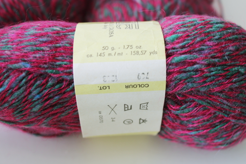 photo of Filatura di Crosa wool yarn Valentino tweedy magenta pink, grey, green three 50 gram skeins  #4