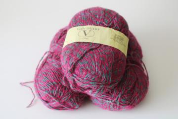 catalog photo of Filatura di Crosa wool yarn Valentino tweedy magenta pink, grey, green three 50 gram skeins 