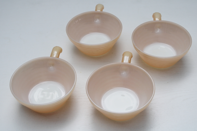 photo of Fire King peach lustre luster glass stick handle soup bowls or individual casserole dishes #2