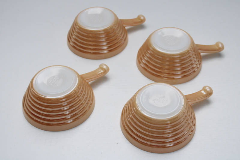 photo of Fire King peach lustre luster glass stick handle soup bowls or individual casserole dishes #3