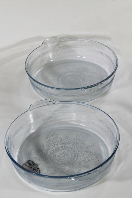 photo of Fire-King sapphire blue glass casserole dishes, large round pans w/ vintage Oven Glass label #1