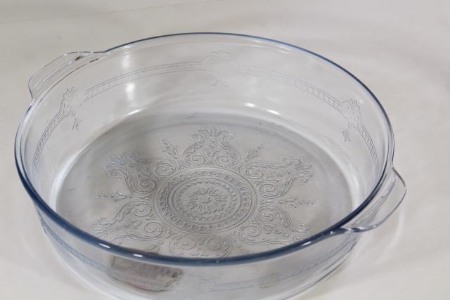 photo of Fire-King sapphire blue glass casserole dishes, large round pans w/ vintage Oven Glass label #7