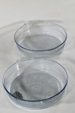 catalog photo of Fire-King sapphire blue glass casserole dishes, large round pans w/ vintage Oven Glass label