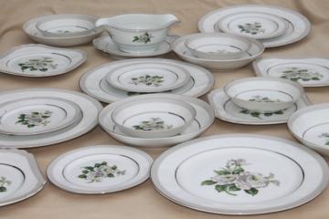 catalog photo of First Love vintage Japan fine china set for four, white roses / pale grey border