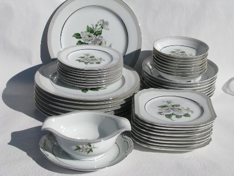 photo of First Love white roses / pale grey border vintage Japan china, set for 8 #1