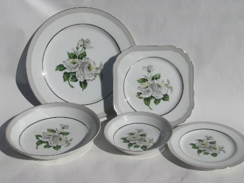 photo of First Love white roses / pale grey border vintage Japan china, set for 8 #2