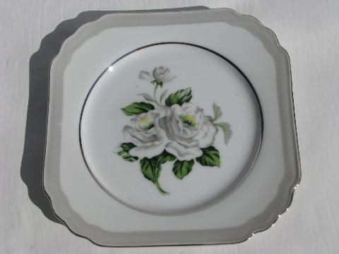 photo of First Love white roses / pale grey border vintage Japan china, set for 8 #3