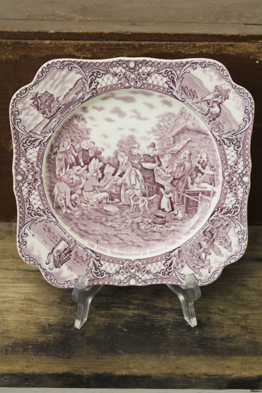 photo of First Thanksgiving plate vintage Crown Ducal china mulberry purple transferware Colonial Times #1