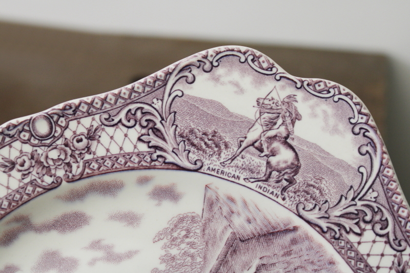 photo of First Thanksgiving plate vintage Crown Ducal china mulberry purple transferware Colonial Times #2