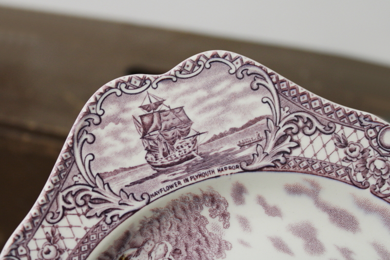 photo of First Thanksgiving plate vintage Crown Ducal china mulberry purple transferware Colonial Times #3