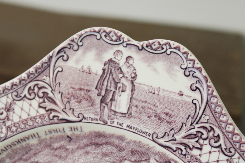 photo of First Thanksgiving plate vintage Crown Ducal china mulberry purple transferware Colonial Times #5