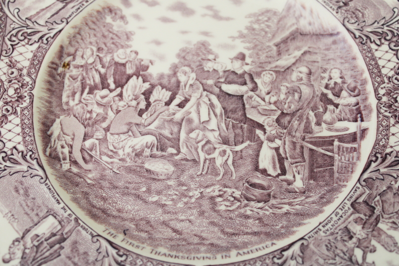 photo of First Thanksgiving plate vintage Crown Ducal china mulberry purple transferware Colonial Times #6