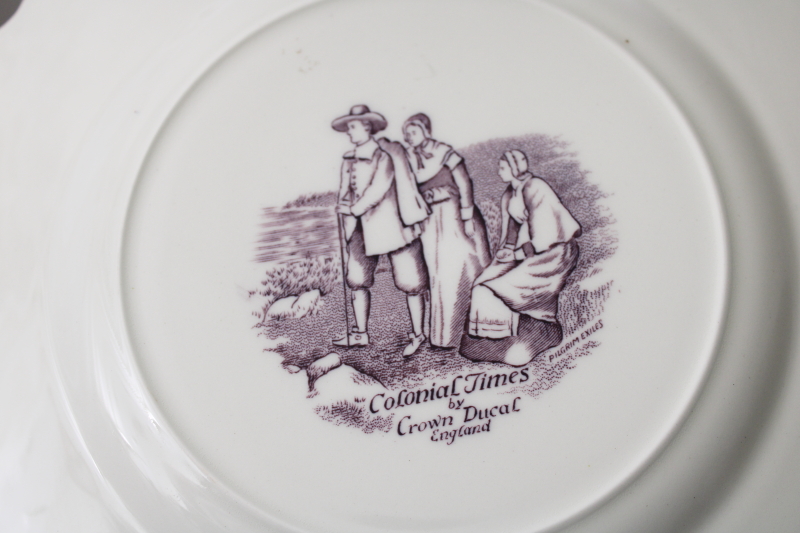 photo of First Thanksgiving plate vintage Crown Ducal china mulberry purple transferware Colonial Times #7