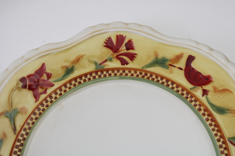 photo of Fitz and Floyd Bellacara dinner plates, vintage F&F ceramic folk art birds flowers pattern  #2