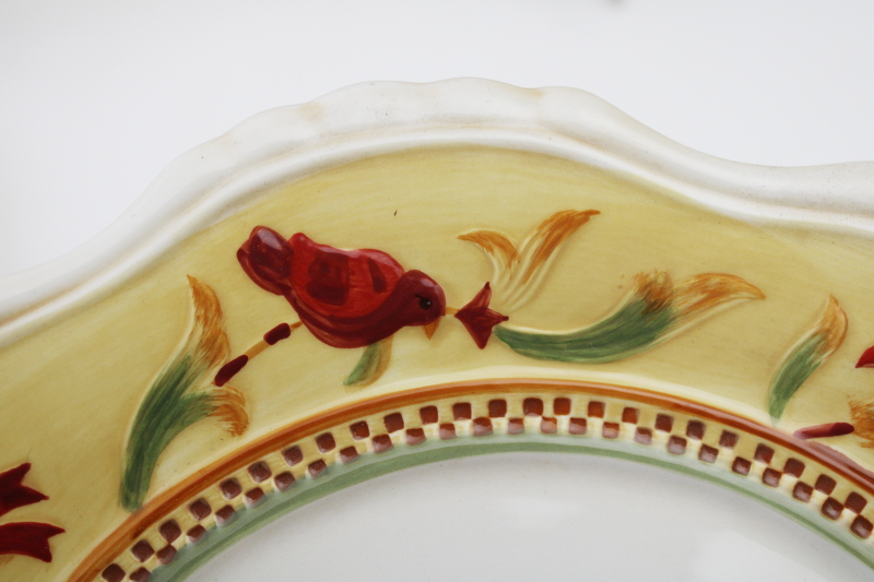 photo of Fitz and Floyd Bellacara dinner plates, vintage F&F ceramic folk art birds flowers pattern  #4