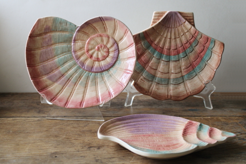 photo of Fitz & Floyd Omnibus ceramic sea shell plates, trio of different shells 1990s vintage original labels #1