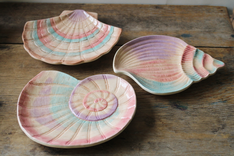 photo of Fitz & Floyd Omnibus ceramic sea shell plates, trio of different shells 1990s vintage original labels  #2