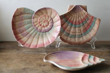 catalog photo of Fitz & Floyd Omnibus ceramic sea shell plates, trio of different shells 1990s vintage original labels 