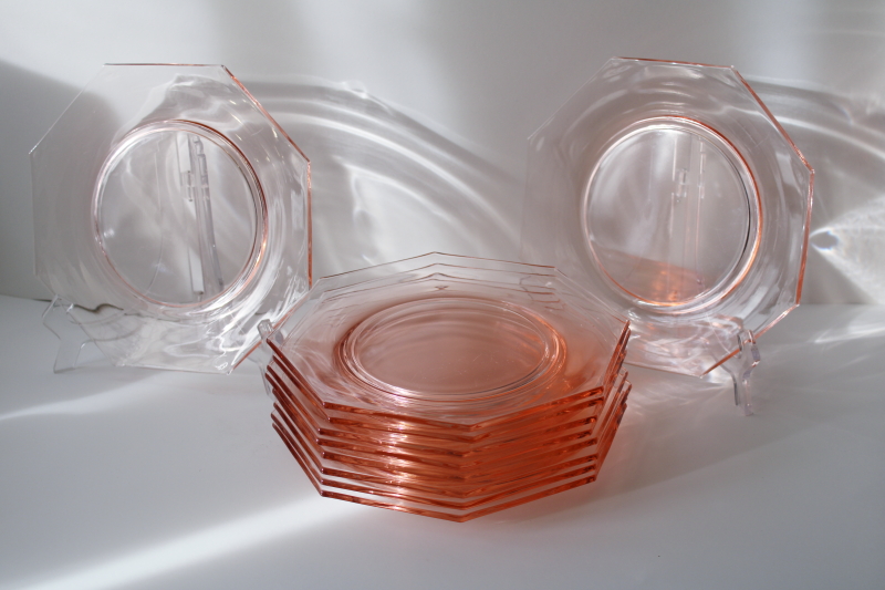 photo of Flamingo pink vintage Heisey glass octagon salad plates, 1930s vintage art deco #1