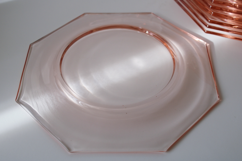 photo of Flamingo pink vintage Heisey glass octagon salad plates, 1930s vintage art deco #2