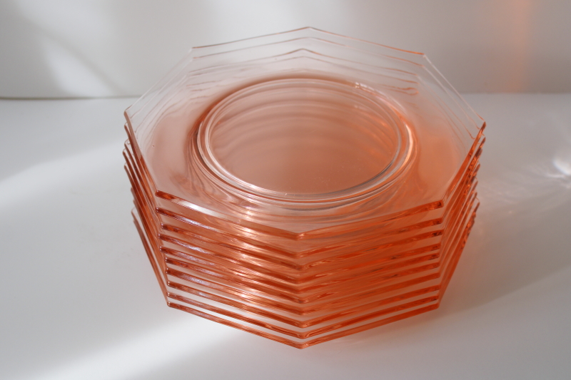 photo of Flamingo pink vintage Heisey glass octagon salad plates, 1930s vintage art deco #4