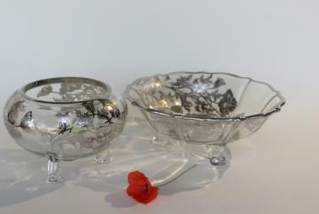 Flanders poppy silver decorated glass bowl & ivy ball vase, vintage silver overlay glass