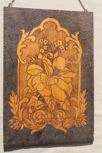 photo of Flemish art wood burned wall hanging plaque, vintage pyrography still-life floral #1