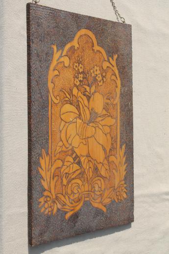 photo of Flemish art wood burned wall hanging plaque, vintage pyrography still-life floral #2