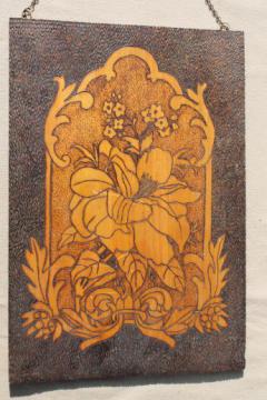 catalog photo of Flemish art wood burned wall hanging plaque, vintage pyrography still-life floral