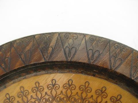 photo of Flemish art woodburned wood tray plate, vintage pyrography #3