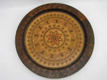 catalog photo of Flemish art woodburned wood tray plate, vintage pyrography
