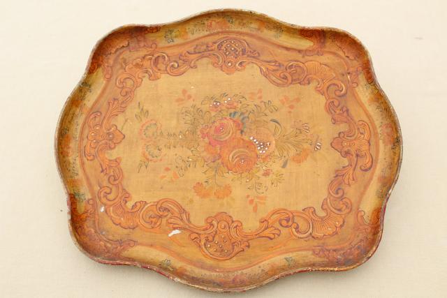 photo of Florentine style shabby vintage tray w/ flowers, made in Japan papier mache or composition #1