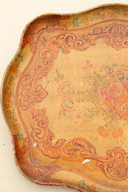 photo of Florentine style shabby vintage tray w/ flowers, made in Japan papier mache or composition #3