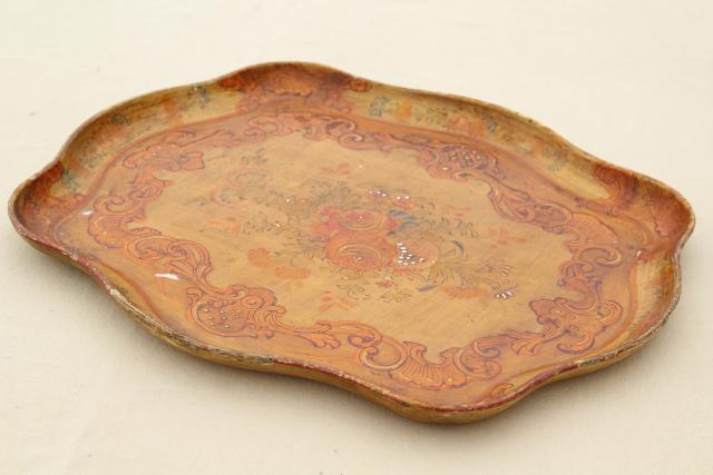 photo of Florentine style shabby vintage tray w/ flowers, made in Japan papier mache or composition #5