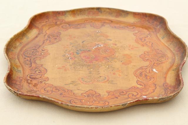 photo of Florentine style shabby vintage tray w/ flowers, made in Japan papier mache or composition #6