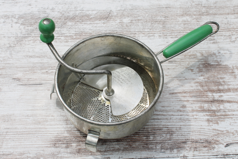 photo of Foley food mill canning tool, vintage metal strainer w/ hand crank, jade green wood handles #1