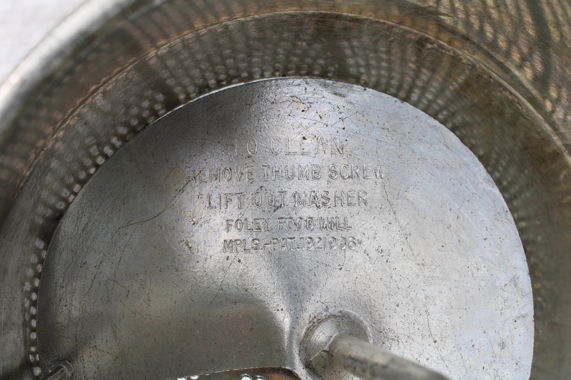 photo of Foley food mill canning tool, vintage metal strainer w/ hand crank, jade green wood handles  #2