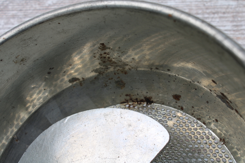 photo of Foley food mill canning tool, vintage metal strainer w/ hand crank, jade green wood handles  #3