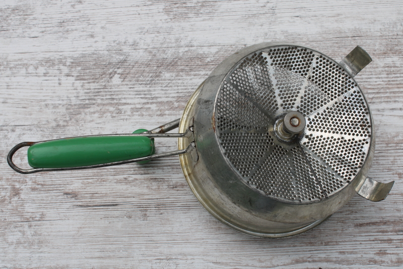 photo of Foley food mill canning tool, vintage metal strainer w/ hand crank, jade green wood handles  #4