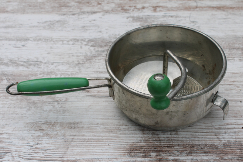 photo of Foley food mill canning tool, vintage metal strainer w/ hand crank, jade green wood handles  #5