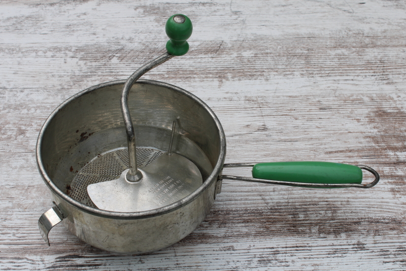 photo of Foley food mill canning tool, vintage metal strainer w/ hand crank, jade green wood handles  #6