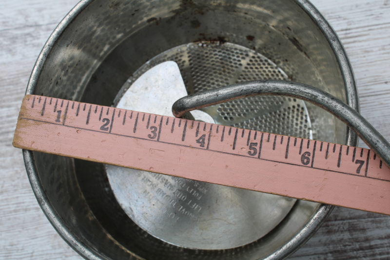 photo of Foley food mill canning tool, vintage metal strainer w/ hand crank, jade green wood handles  #7