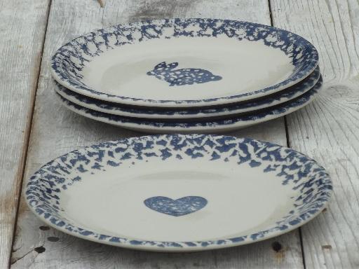 photo of Folk Craft spongeware pottery, blue sponge hearts & animals dinner plates #2