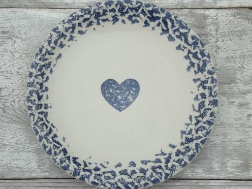 photo of Folk Craft spongeware pottery, blue sponge hearts & animals dinner plates #3