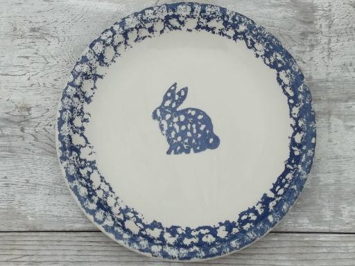 photo of Folk Craft spongeware pottery, blue sponge hearts & animals dinner plates #4